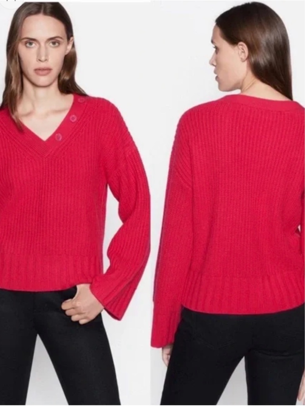 Equipment Ribbed V-Neck Sweater with Shoulder Buttons in Bright Pink NWT